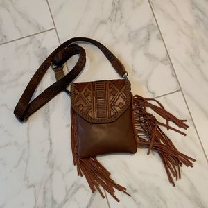 Brown leather crossbody bag with fringe & removable/adjustable strap